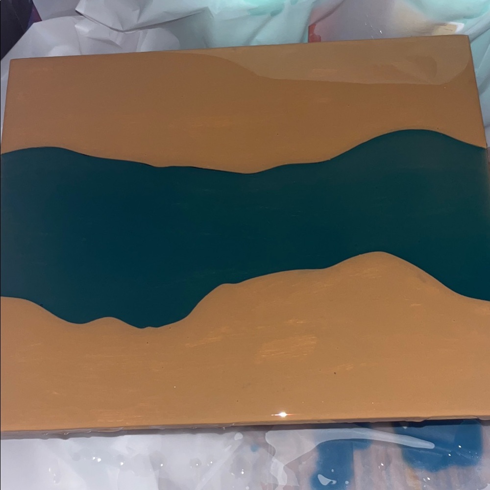 Handmade Abstract Teal and Tan Wood Plaque made with Resin